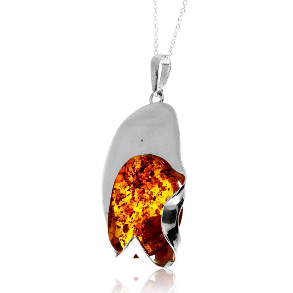 925 Sterling Silver & Genuine Cognac Baltic Amber Unique Exclusive Pendant without a chain - PD2534