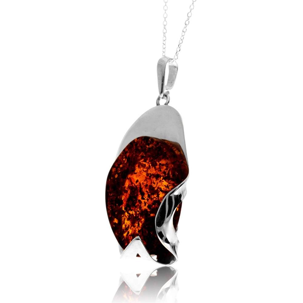 925 Sterling Silver & Genuine Cognac Baltic Amber Unique Exclusive Pendant without a chain - PD2535