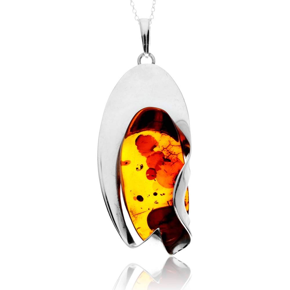 925 Sterling Silver & Genuine Cognac Baltic Amber Unique Exclusive Pendant without a chain - PD2536