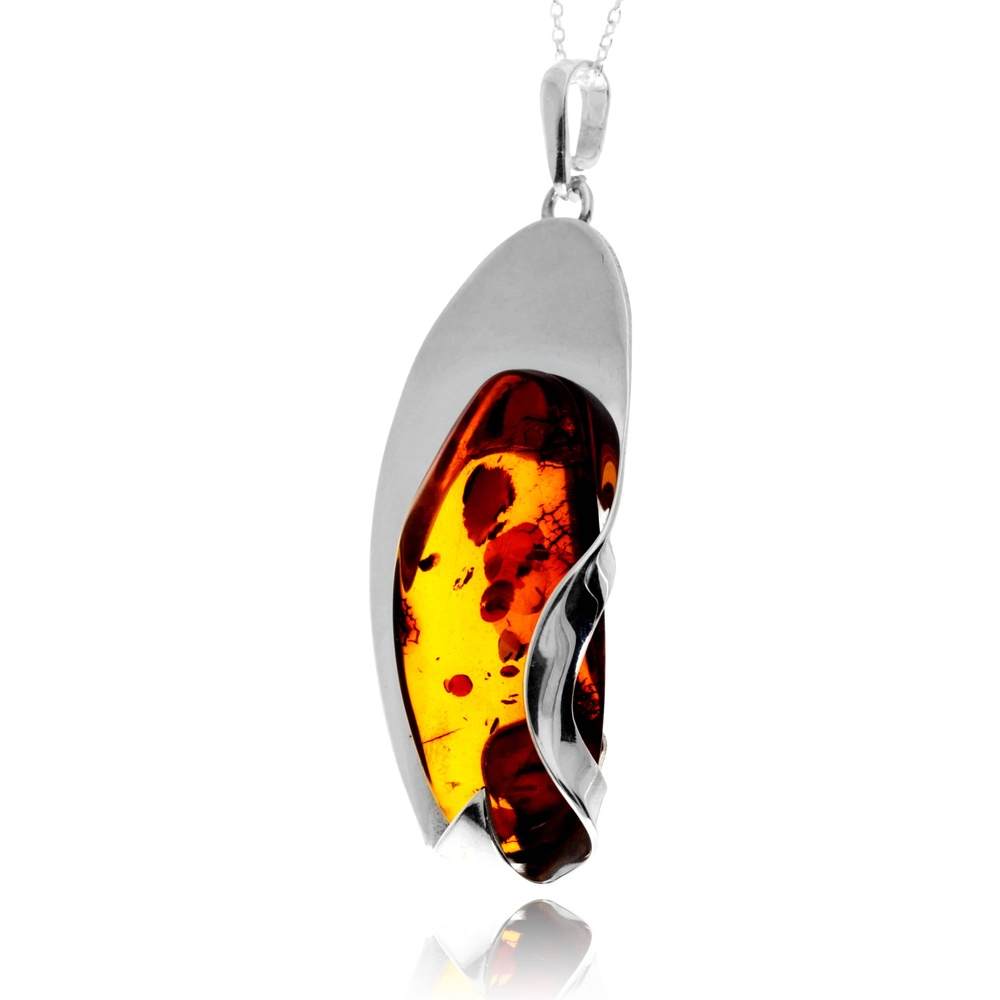 925 Sterling Silver & Genuine Cognac Baltic Amber Unique Exclusive Pendant without a chain - PD2536