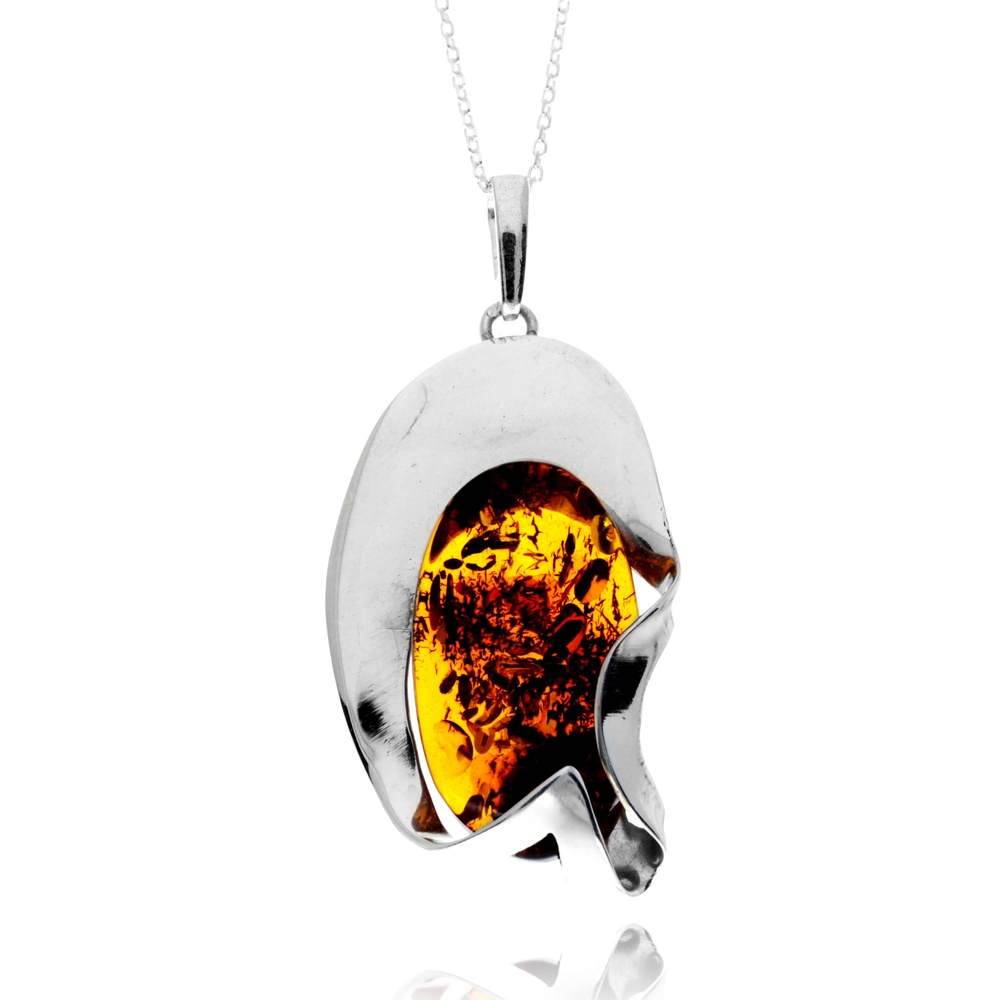 925 Sterling Silver & Genuine Cognac Baltic Amber Unique Exclusive Pendant without a chain - PD2537