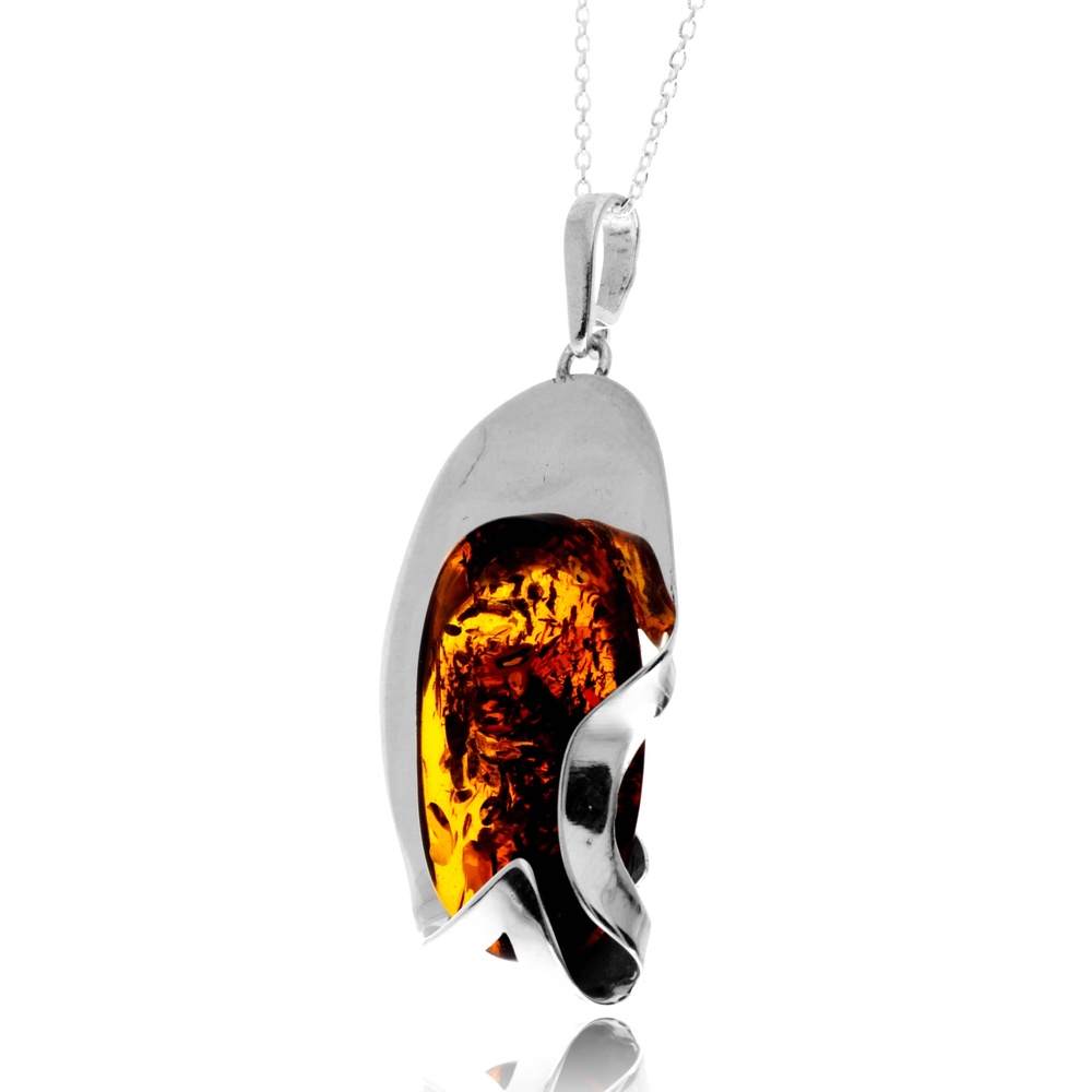 925 Sterling Silver & Genuine Cognac Baltic Amber Unique Exclusive Pendant without a chain - PD2537