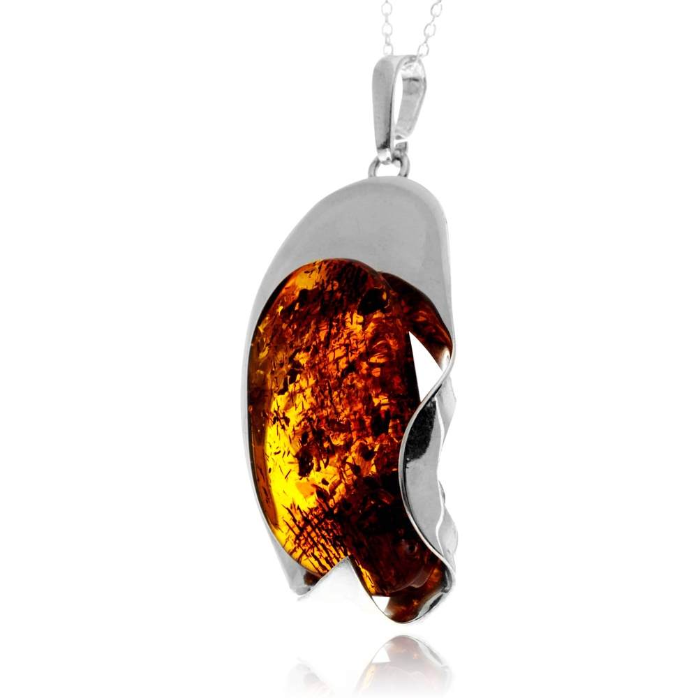 925 Sterling Silver & Genuine Cognac Baltic Amber Unique Exclusive Pendant without a chain - PD2538