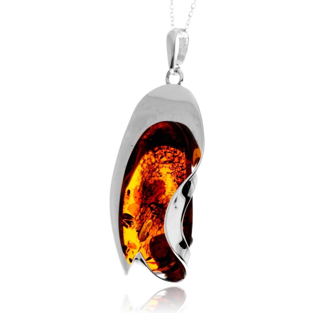925 Sterling Silver & Genuine Cognac Baltic Amber Unique Exclusive Pendant without a chain - PD2539