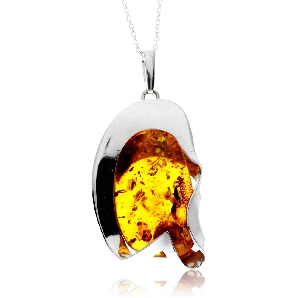 925 Sterling Silver & Genuine Cognac Baltic Amber Unique Exclusive Pendant without a chain - PD2540