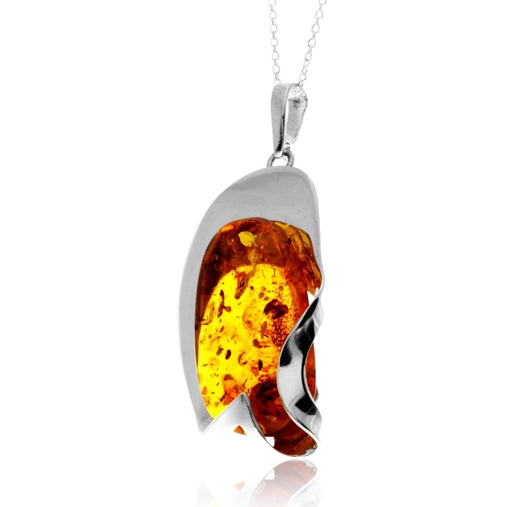 925 Sterling Silver & Genuine Cognac Baltic Amber Unique Exclusive Pendant without a chain - PD2540