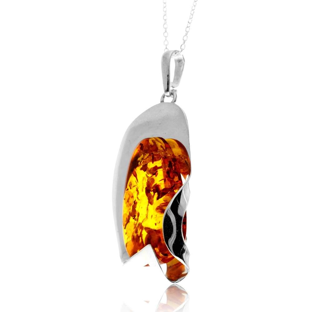 925 Sterling Silver & Genuine Cognac Baltic Amber Unique Exclusive Pendant without a chain - PD2541