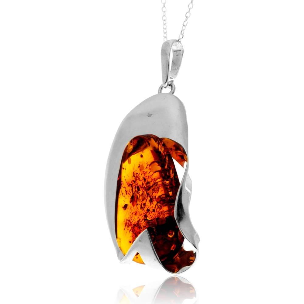 925 Sterling Silver & Genuine Cognac Baltic Amber Unique Exclusive Pendant without a chain - PD2542