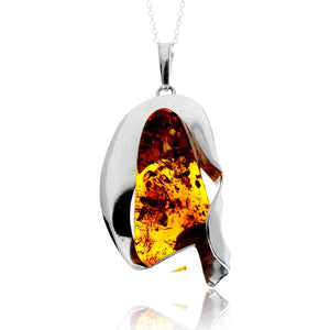 925 Sterling Silver & Genuine Cognac Baltic Amber Unique Exclusive Pendant without a chain - PD2543