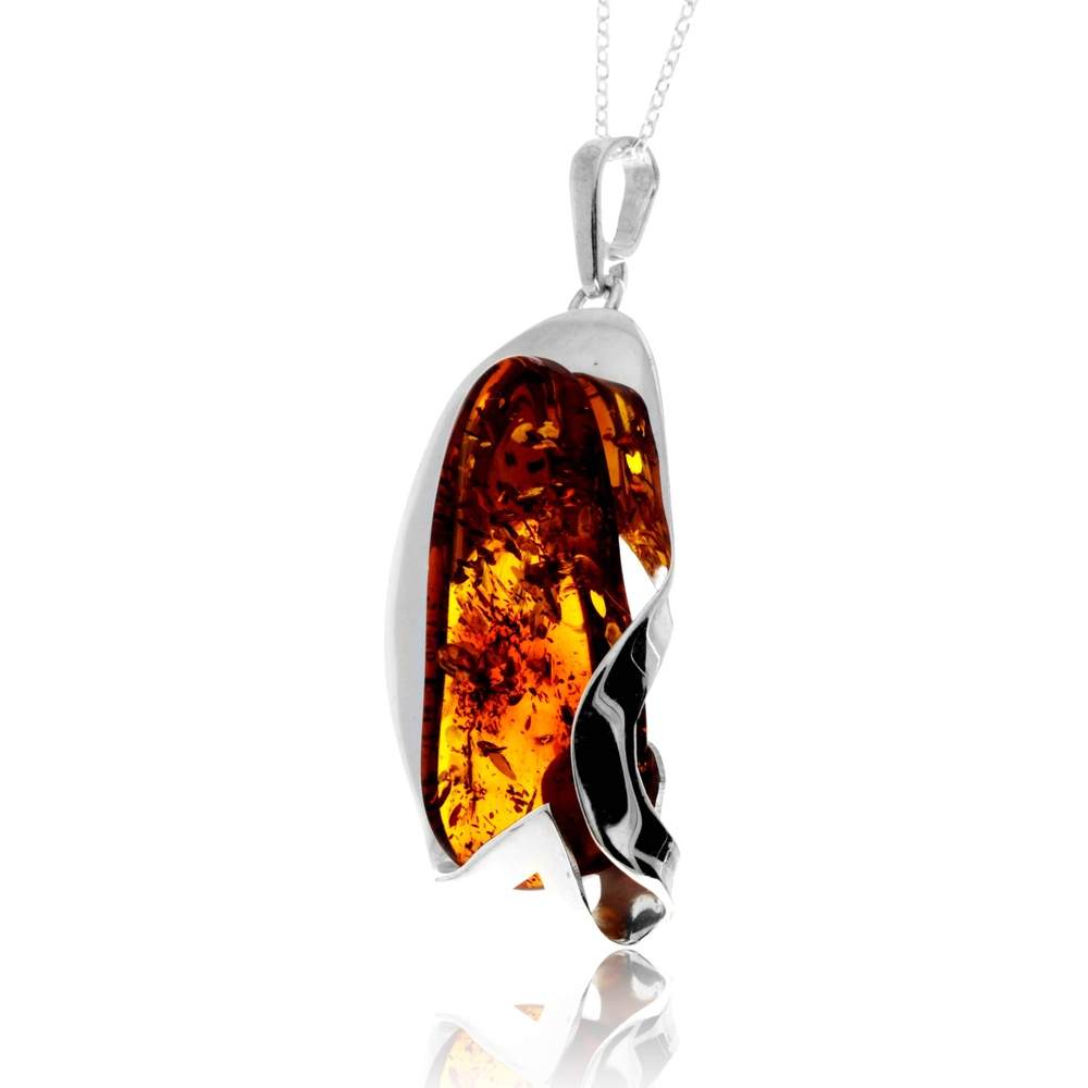 925 Sterling Silver & Genuine Cognac Baltic Amber Unique Exclusive Pendant without a chain - PD2543