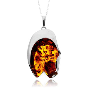 925 Sterling Silver & Genuine Cognac Baltic Amber Unique Exclusive Pendant without a chain - PD2545