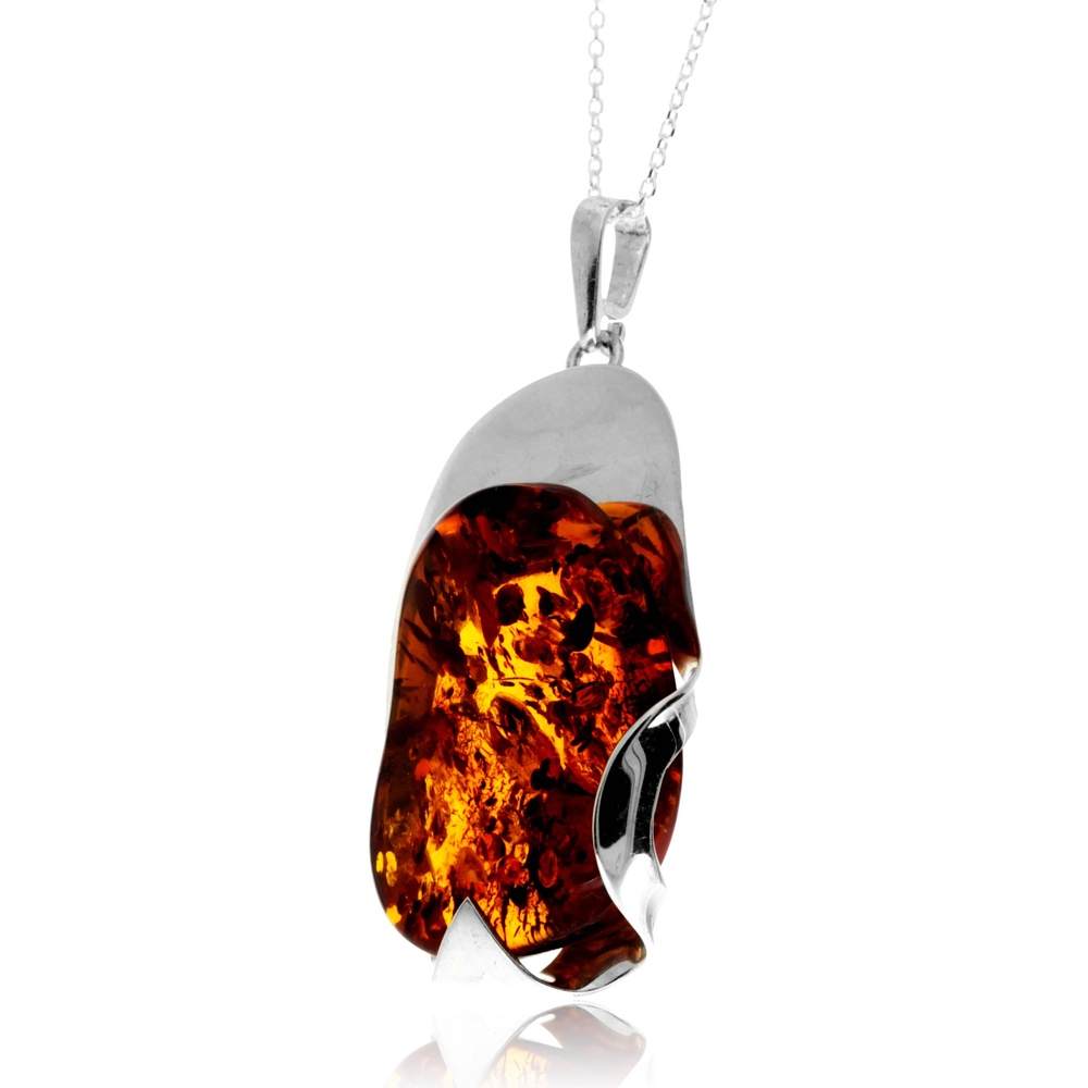 925 Sterling Silver & Genuine Cognac Baltic Amber Unique Exclusive Pendant without a chain - PD2545