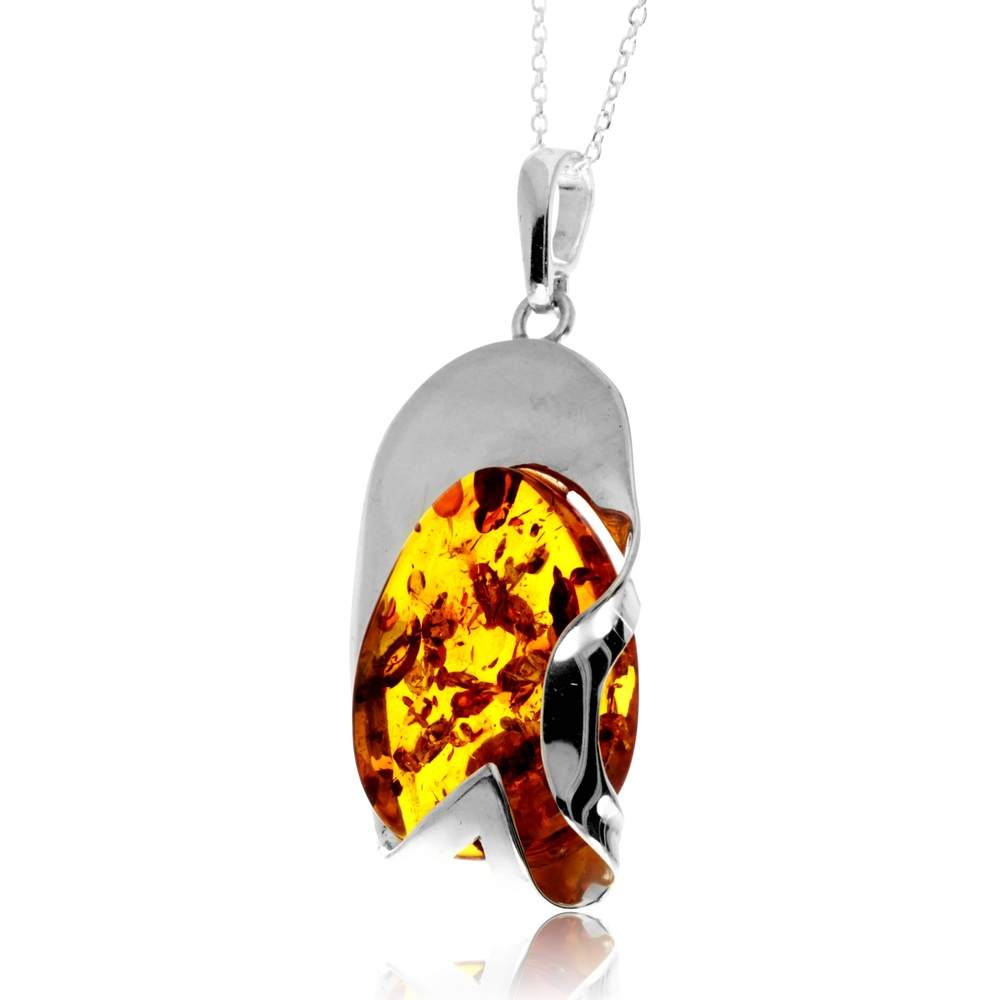 925 Sterling Silver & Genuine Cognac Baltic Amber Unique Exclusive Pendant without a chain - PD2546
