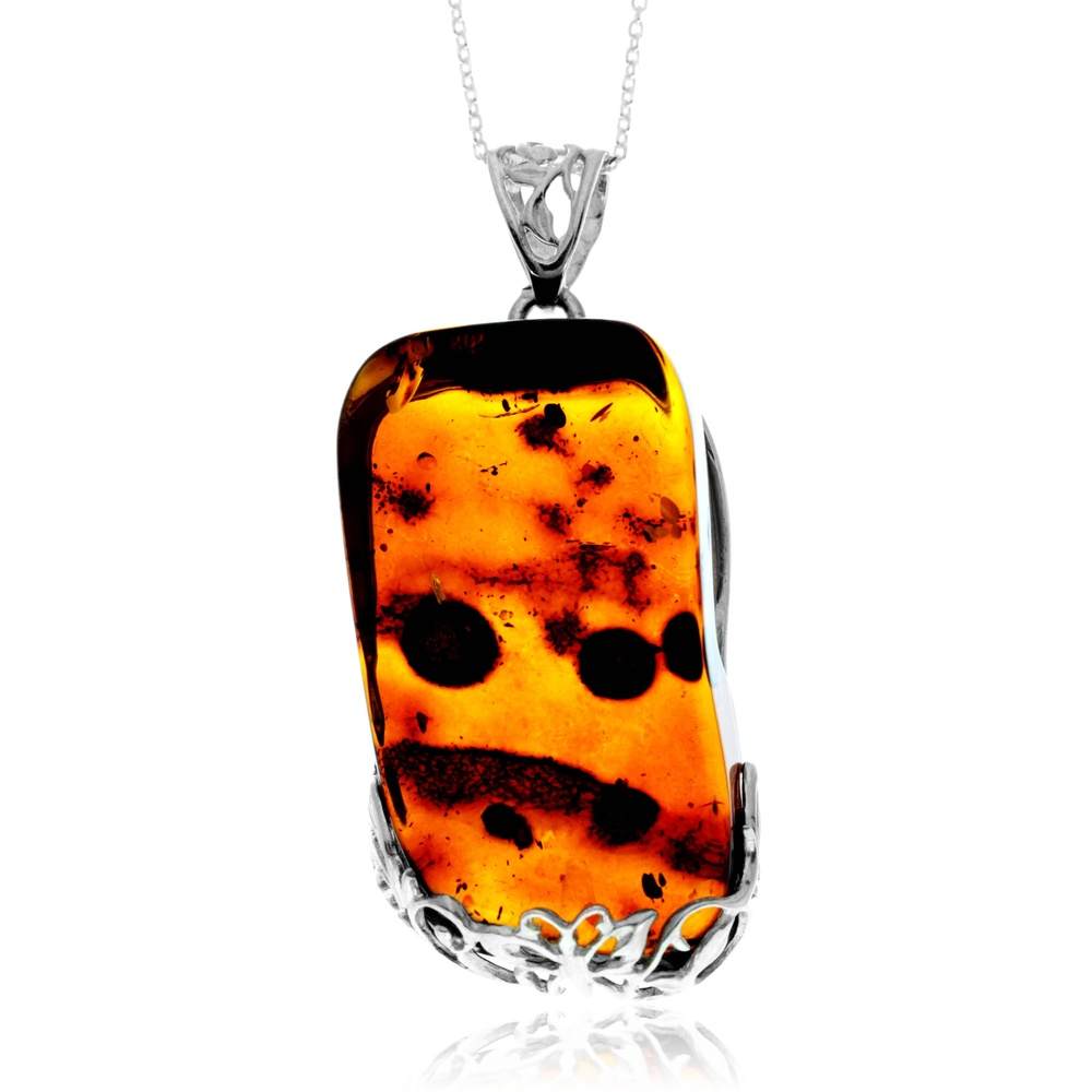 925 Sterling Silver & Genuine Cognac Baltic Amber Unique Exclusive Pendant without a chain - PD2547