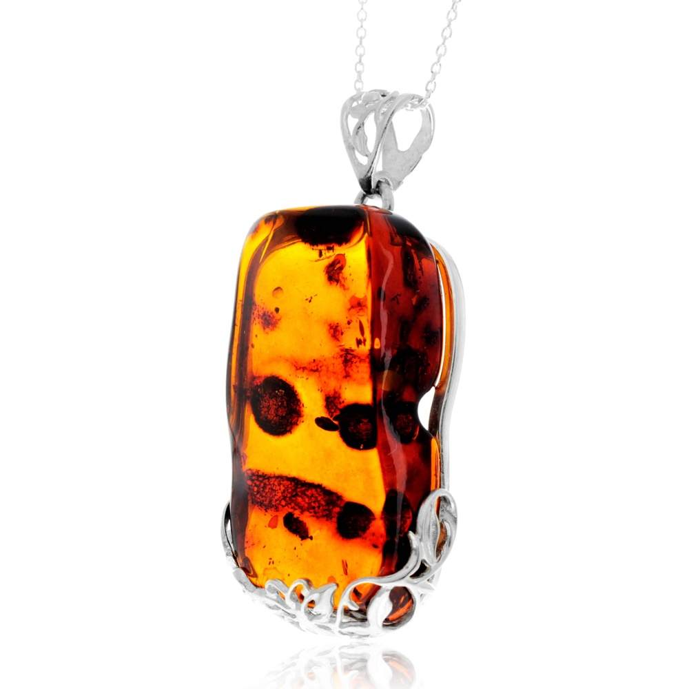 925 Sterling Silver & Genuine Cognac Baltic Amber Unique Exclusive Pendant without a chain - PD2547