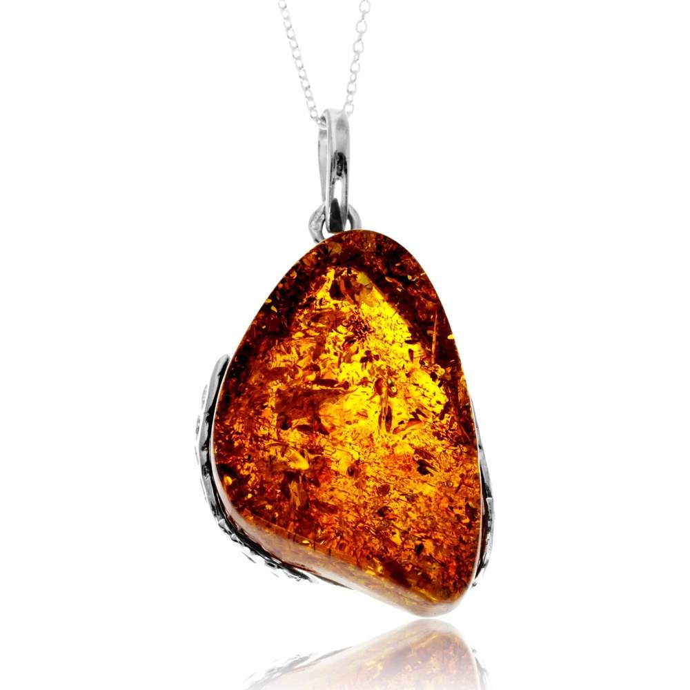 925 Sterling Silver & Genuine Cognac Baltic Amber Unique Exclusive Pendant without a chain - PD2548