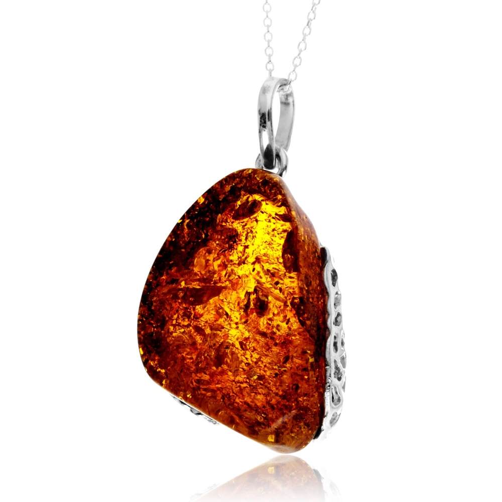 925 Sterling Silver & Genuine Cognac Baltic Amber Unique Exclusive Pendant without a chain - PD2548