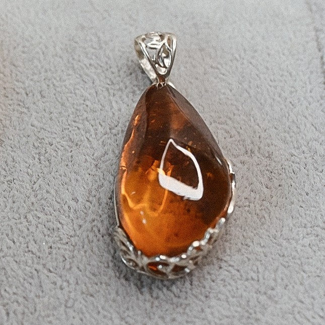 925 Sterling Silver & Genuine Cognac Baltic Amber Unique Exclusive Pendant without a chain - PD2549