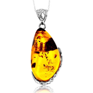 925 Sterling Silver & Genuine Cognac Baltic Amber Unique Exclusive Pendant without a chain - PD2549