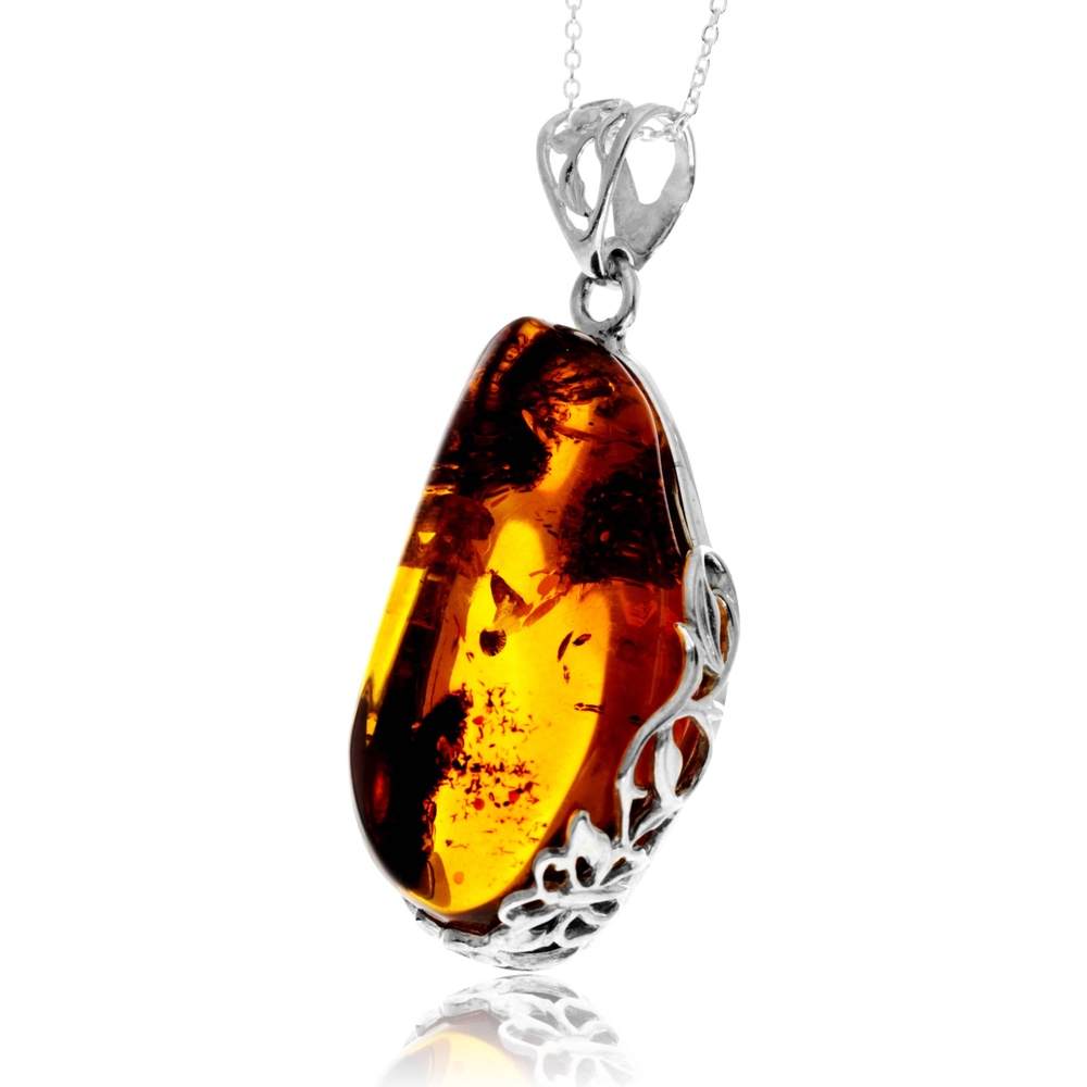 925 Sterling Silver & Genuine Cognac Baltic Amber Unique Exclusive Pendant without a chain - PD2549