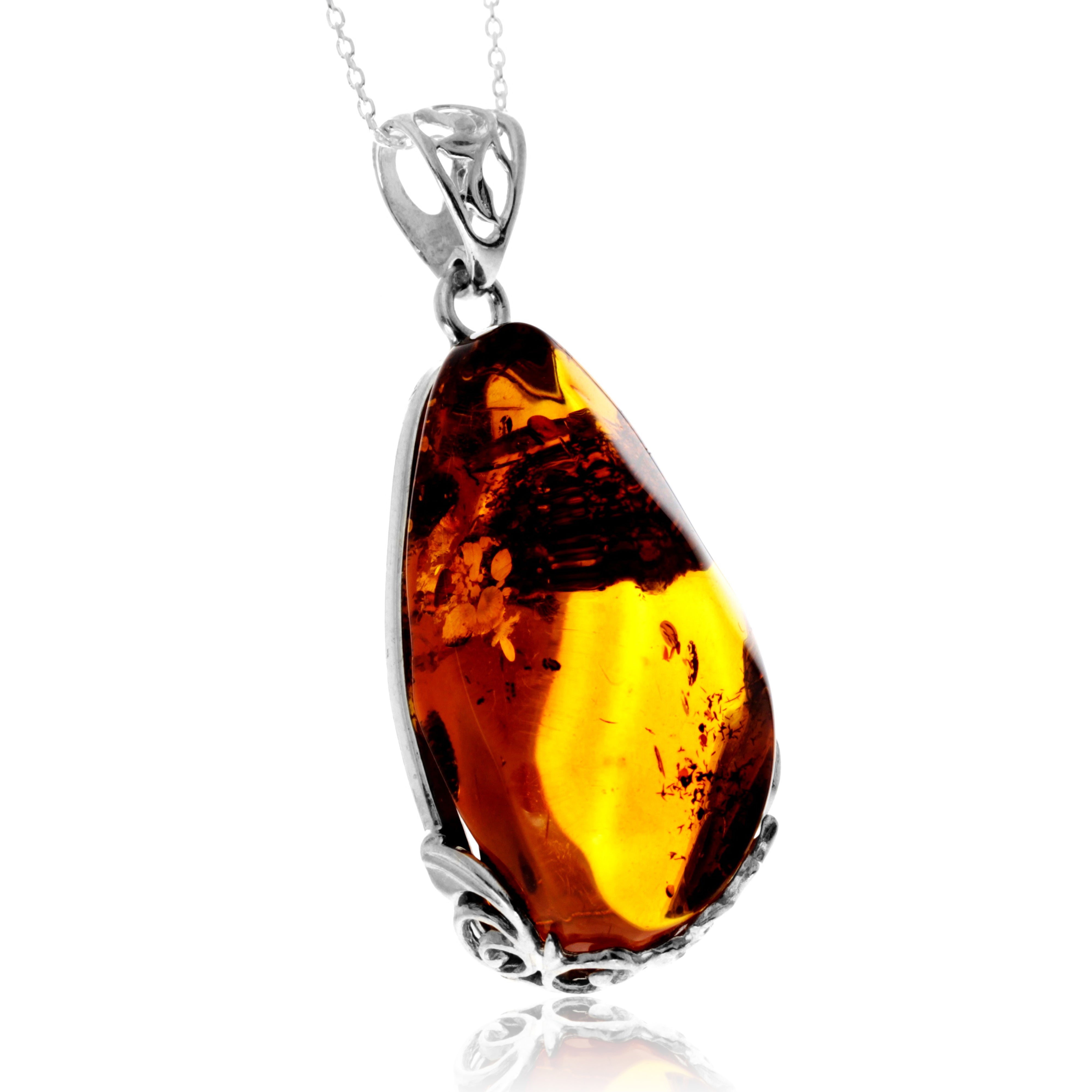 925 Sterling Silver & Genuine Cognac Baltic Amber Unique Exclusive Pendant without a chain - PD2549