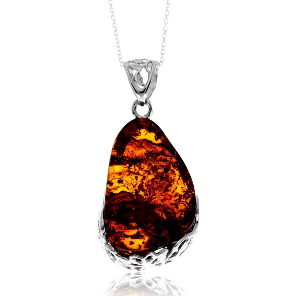 925 Sterling Silver & Genuine Cognac Baltic Amber Unique Exclusive Pendant without a chain - PD2550