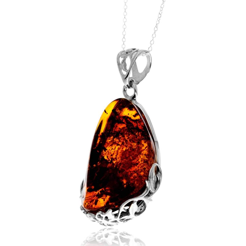 925 Sterling Silver & Genuine Cognac Baltic Amber Unique Exclusive Pendant without a chain - PD2550