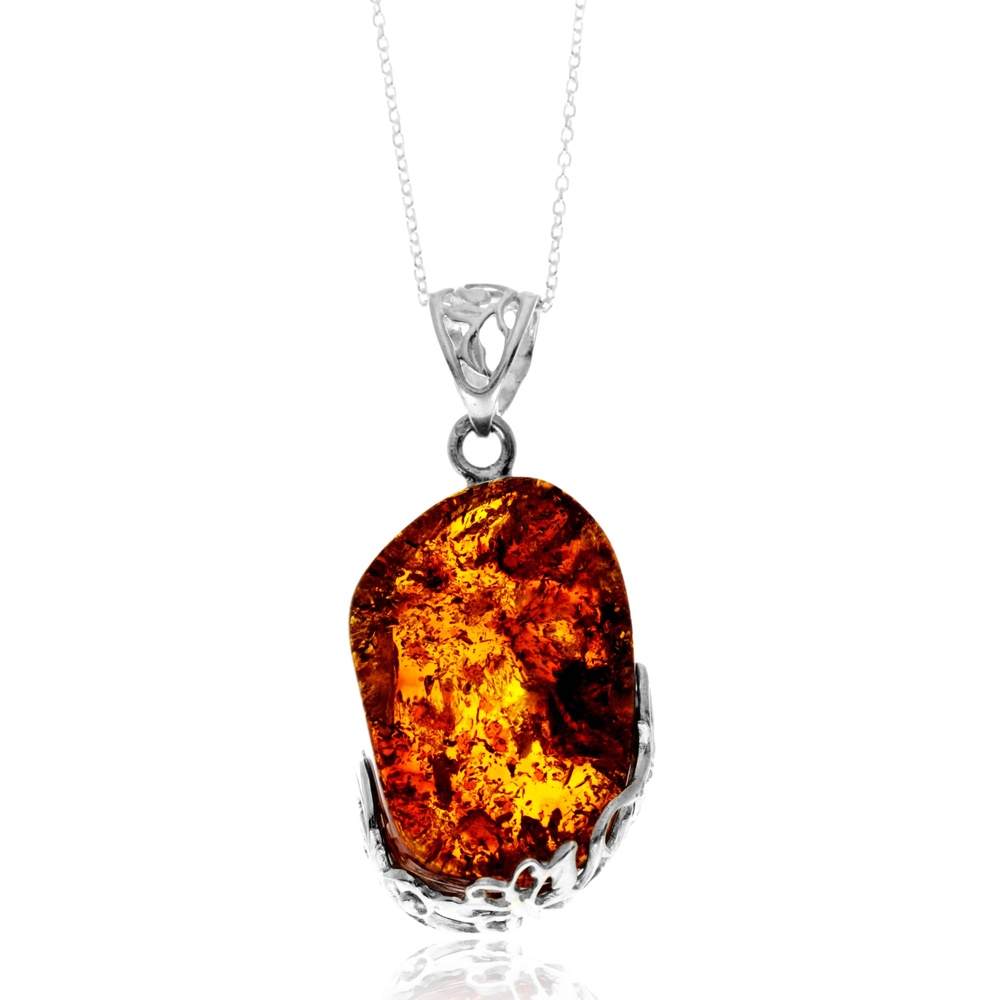 925 Sterling Silver & Genuine Cognac Baltic Amber Unique Exclusive Pendant without a chain - PD2551