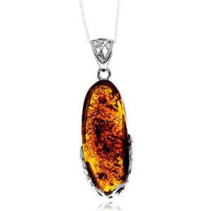 925 Sterling Silver & Genuine Cognac Baltic Amber Unique Exclusive Pendant without a chain - PD2552