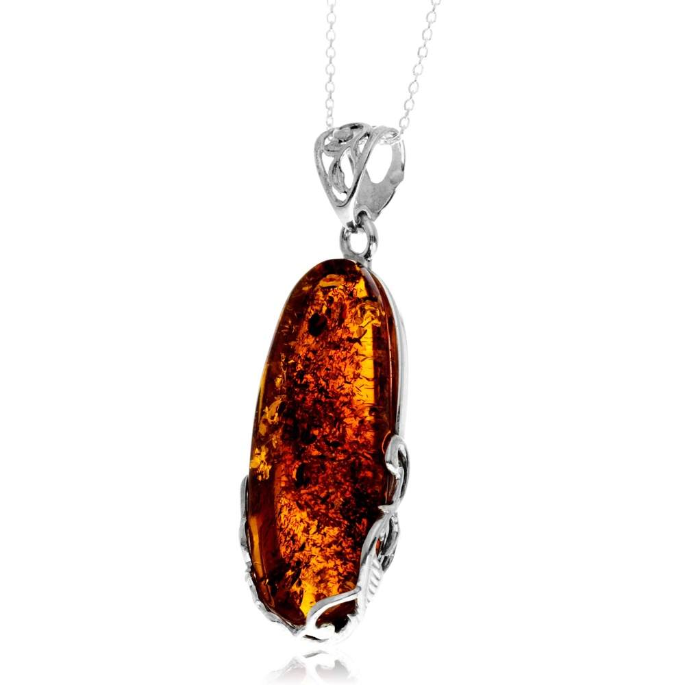 925 Sterling Silver & Genuine Cognac Baltic Amber Unique Exclusive Pendant without a chain - PD2552