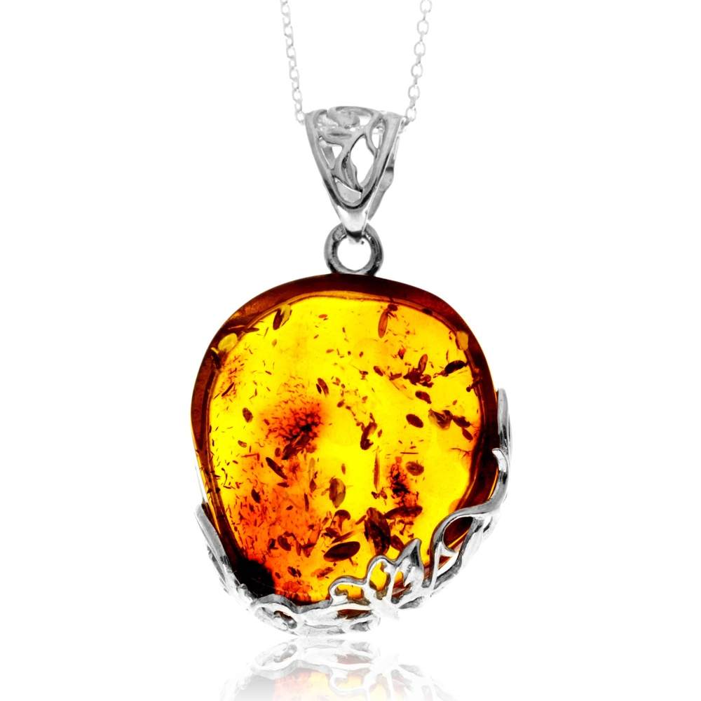 925 Sterling Silver & Genuine Cognac Baltic Amber Unique Exclusive Pendant without a chain - PD2555