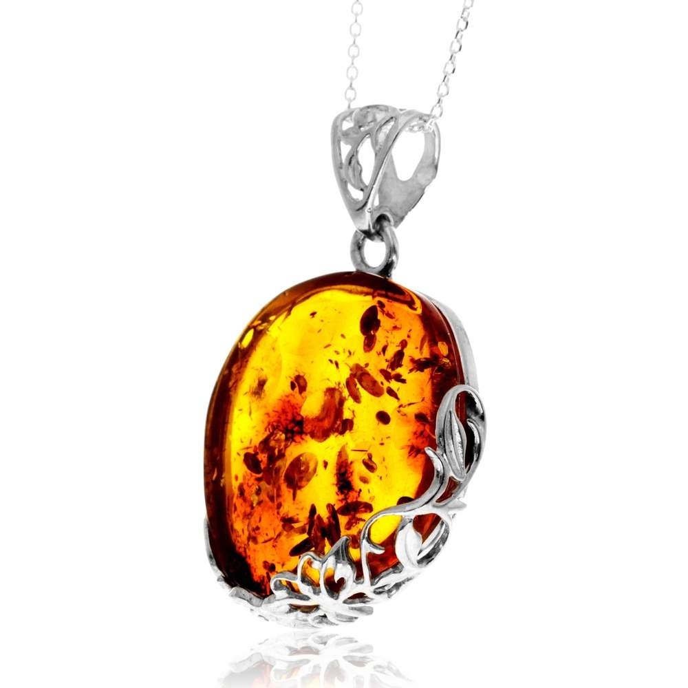 925 Sterling Silver & Genuine Cognac Baltic Amber Unique Exclusive Pendant without a chain - PD2555