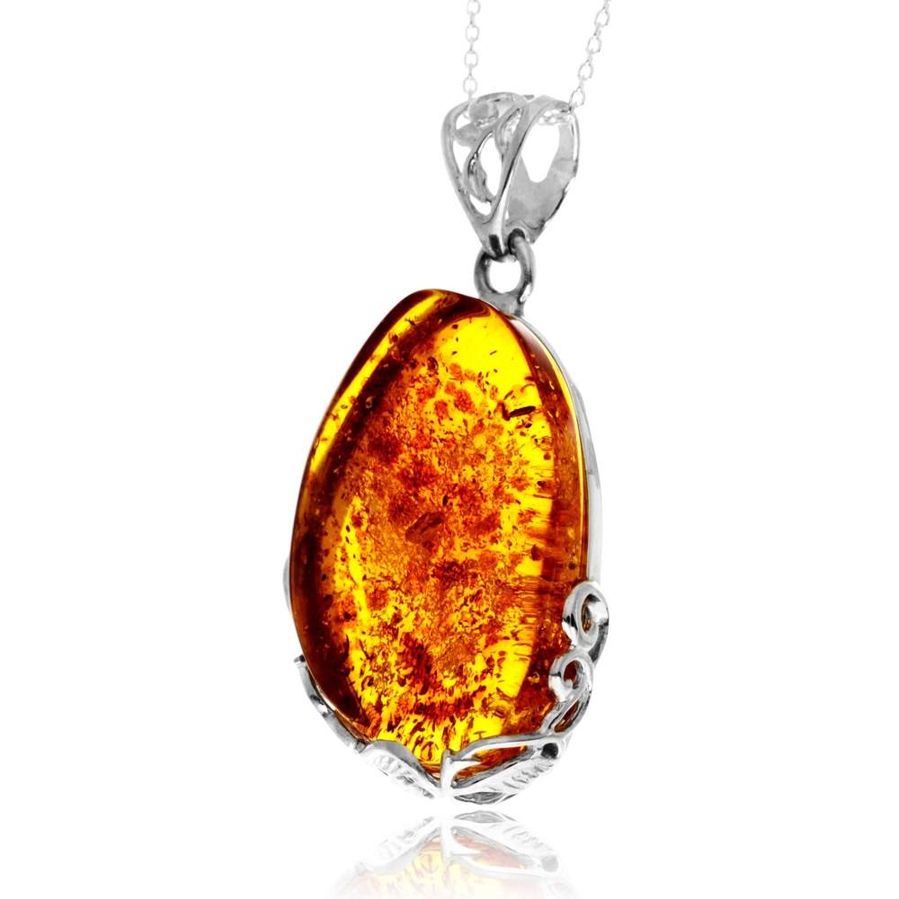 925 Sterling Silver & Genuine Cognac Baltic Amber Unique Exclusive Pendant without a chain - PD2556