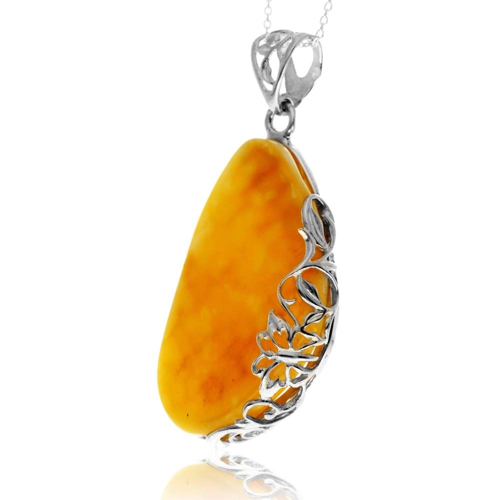 925 Sterling Silver & Genuine Lemon Baltic Amber Unique Exclusive Pendant without a chain - PD2558