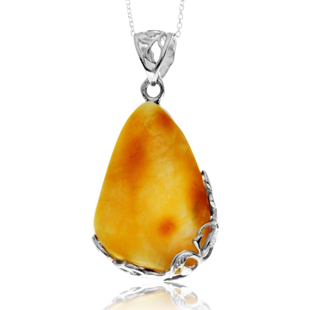 925 Sterling Silver & Genuine Lemon Baltic Amber Unique Exclusive Pendant without a chain - PD2559