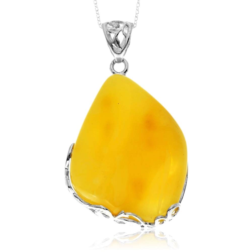 925 Sterling Silver & Genuine Lemon Baltic Amber Unique Exclusive Pendant without a chain - PD2564