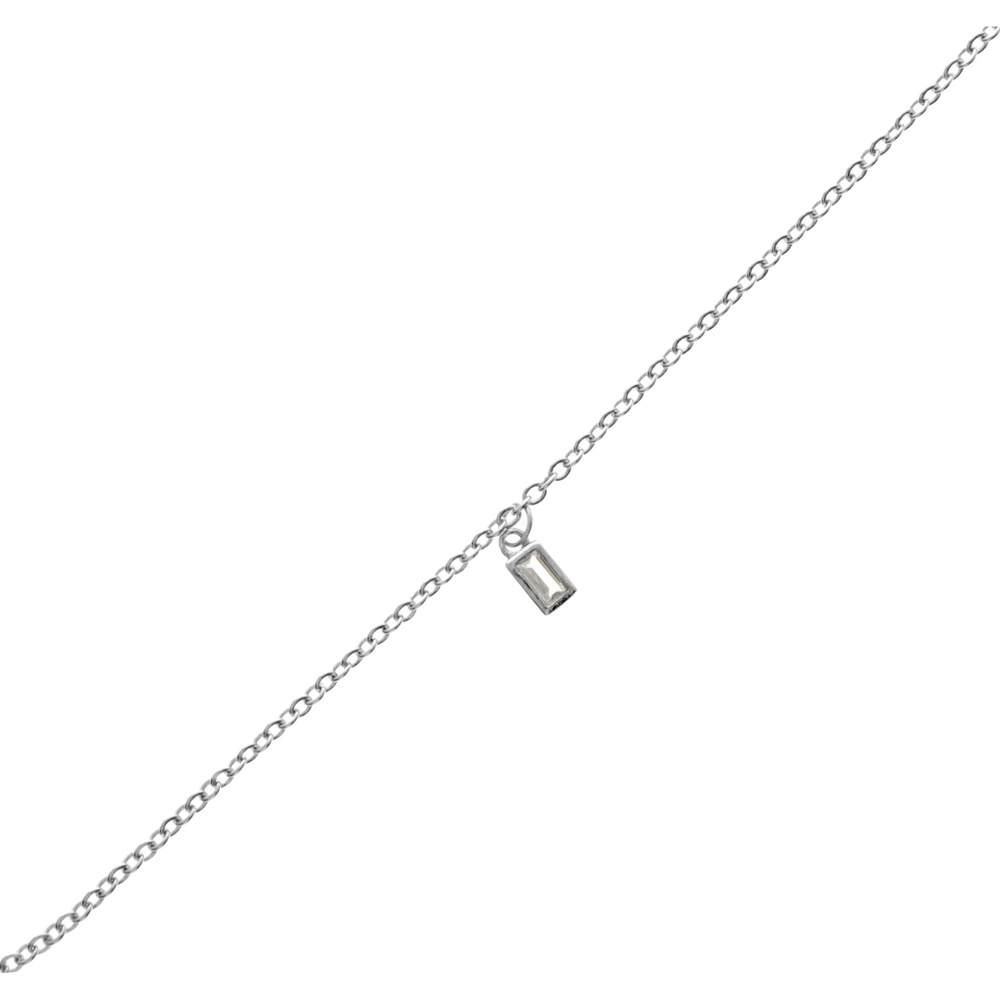 925 Sterling Silver Rhodium Plated Plain Anklet Bracelet with Rectangular Crystal - CH-N14-LO-A