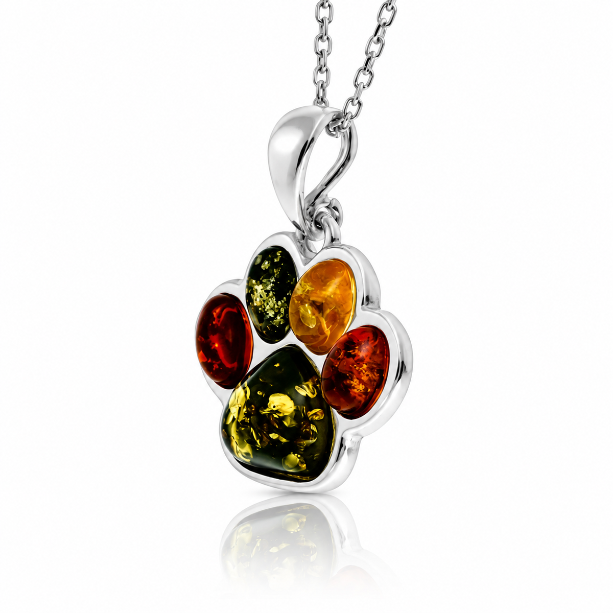 925 Sterling Silver & Genuine Baltic Amber Dog / Cat Paw Pendant - BS200