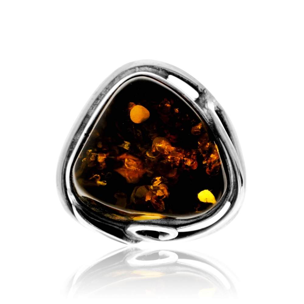 925 Sterling Silver & Genuine Green Baltic Amber Unique Exclusive T Size Ring - RG0299