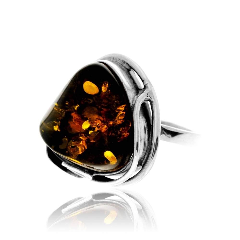 925 Sterling Silver & Genuine Green Baltic Amber Unique Exclusive T Size Ring - RG0299