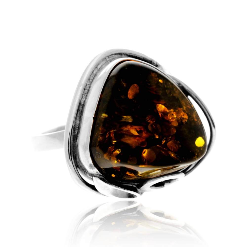 925 Sterling Silver & Genuine Green Baltic Amber Unique Exclusive T Size Ring - RG0299