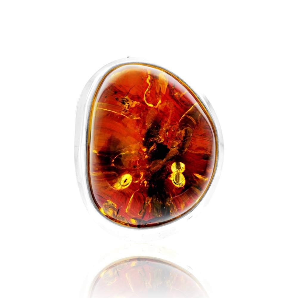 925 Sterling Silver & Genuine Green Baltic Amber Unique Exclusive Adjustable Size Ring - RG0781