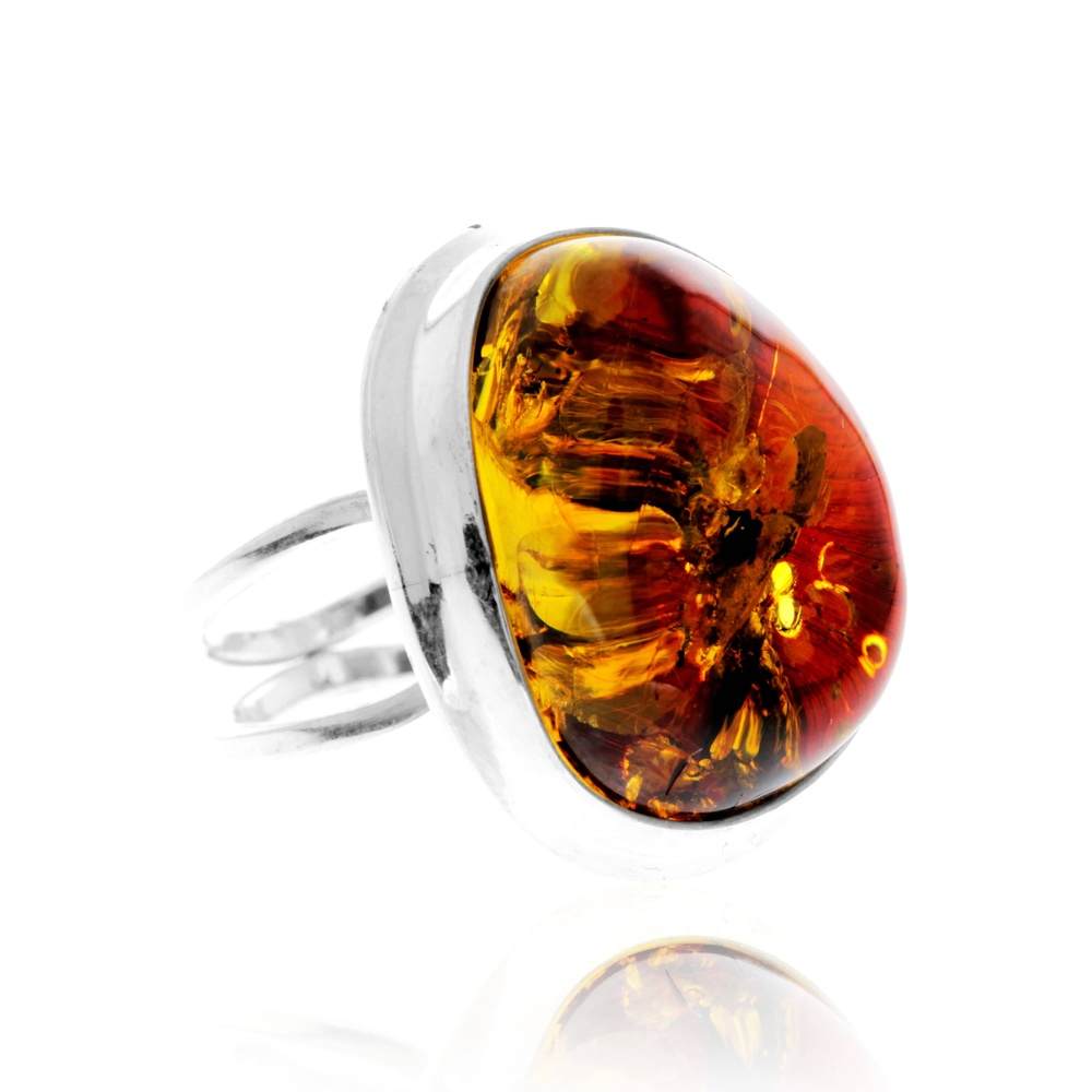 925 Sterling Silver & Genuine Green Baltic Amber Unique Exclusive Adjustable Size Ring - RG0781