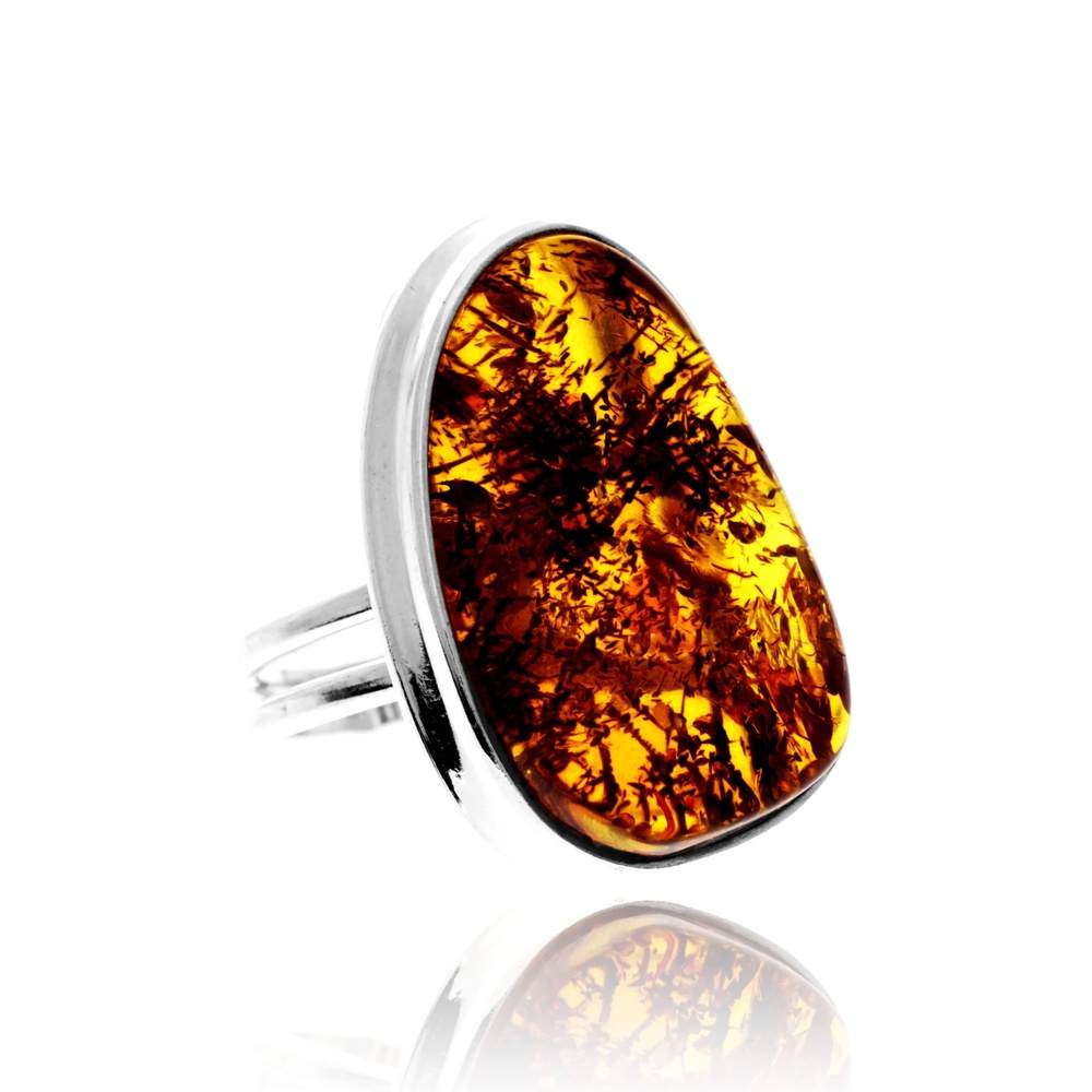 925 Sterling Silver & Genuine Cognac Baltic Amber Unique Exclusive Adjustable Size Ring - RG0783