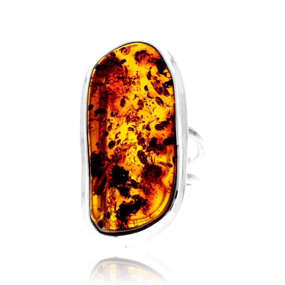 925 Sterling Silver & Genuine Cognac Baltic Amber Unique Exclusive Adjustable Size Ring - RG0784