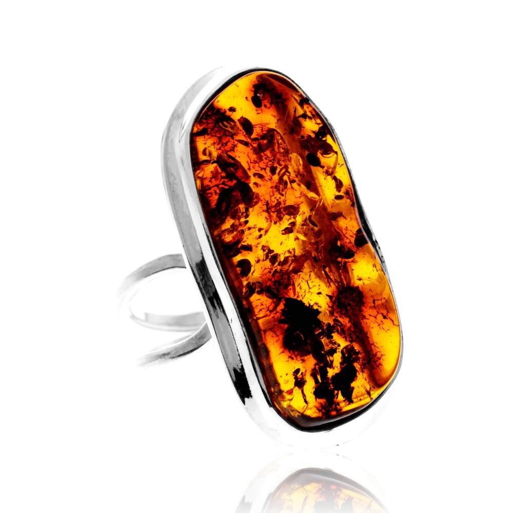 925 Sterling Silver & Genuine Cognac Baltic Amber Unique Exclusive Adjustable Size Ring - RG0784