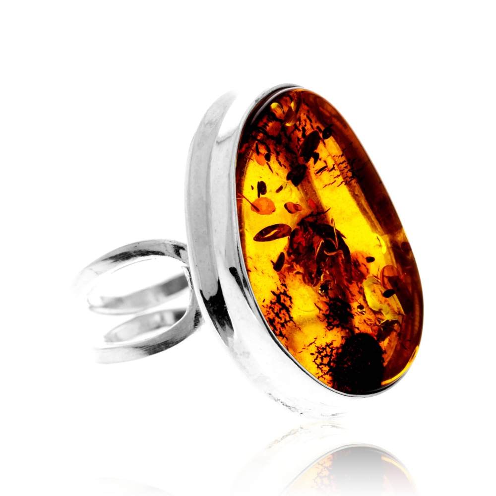 925 Sterling Silver & Genuine Cognac Baltic Amber Unique Exclusive Adjustable Size Ring - RG0785