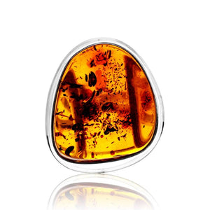 925 Sterling Silver & Genuine Cognac Baltic Amber Unique Exclusive Adjustable Size Ring - RG0786