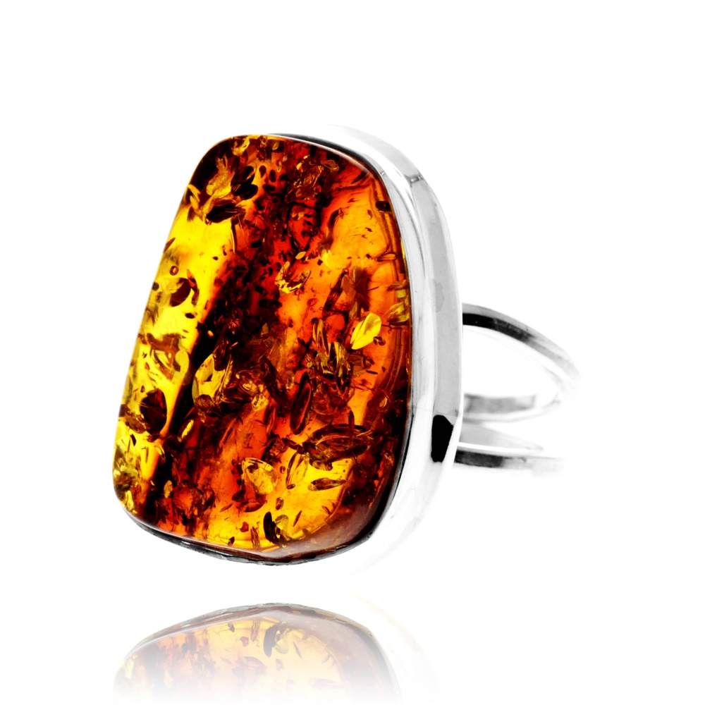 925 Sterling Silver & Genuine Cognac Baltic Amber Unique Exclusive Adjustable Size Ring - RG0788