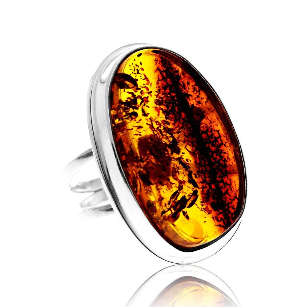 925 Sterling Silver & Genuine Cognac Baltic Amber Unique Exclusive Adjustable Size Ring - RG0789
